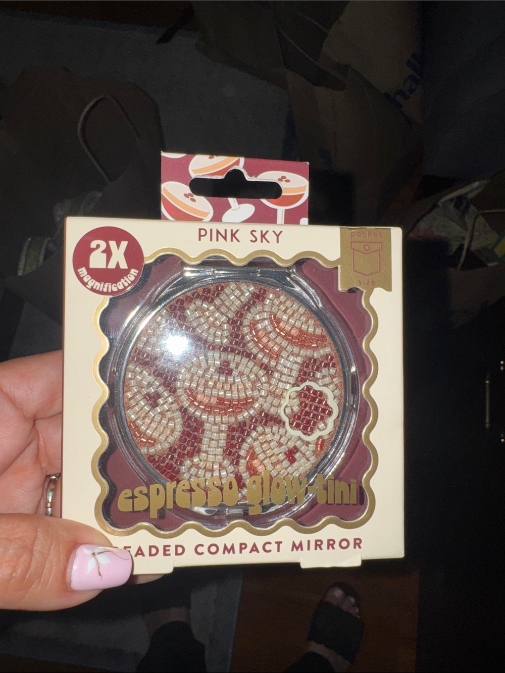 Pink Sky Espresso Glow Mini Beaded Compact Mirror - Pink/Burgundy